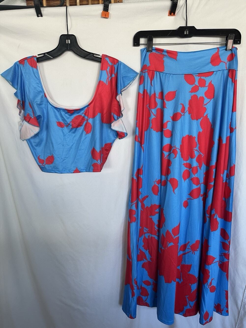 Floral Printed Two-Piece Set For Women Ruffle SquareCollar Crop Tops Size M